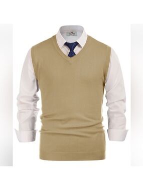 Men's Tan V-Neck Sleeveless Knit Sweater Vest Large NWT